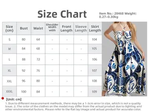 Tabella taglie dalla S alla 3XL per l'abito lungo con stampa floreale blu e scollo