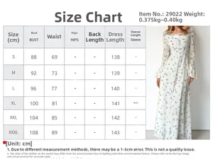 Size chart detail for printed maxi dress with waist tie and long sleeves dimensions