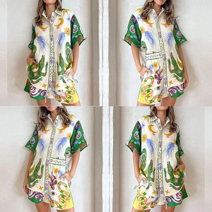 Women's Vintage Bohemian Printed Top And Bottom Polyester Lapel Short Sleeve Shirt And Shorts Artistic Vacation Wear