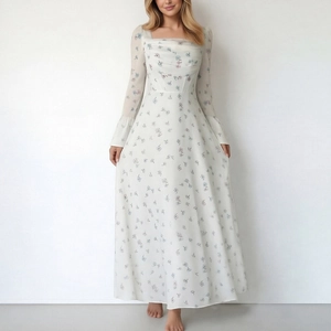 Elegant floral chiffon maxi dress with square neckline and flared sleeves for women