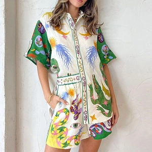 Women's two-piece linen set with surrealist moon and star prints in casual loose fit