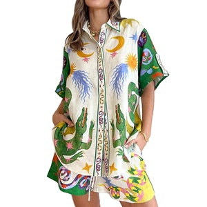 Women's 2-piece printed set featuring button-up lapel shirt and shorts in ivory and green