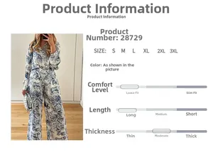Detail of blue toile de jouy print shirt and trousers set with size chart and fabric specs