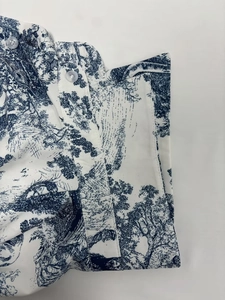 Detail of blue Toile de Jouy print on white shirt with lapel and clear buttons
