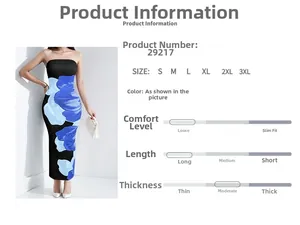 Detail of elegant black tube dress featuring blue floral print and slim fit design