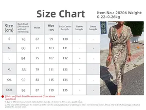 Guide des tailles pour robe moulante imprimée avec mesures de poitrine, taille et long