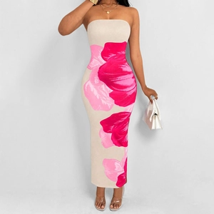 Women Elegant Strapless Floral Print Maxi Dress Slim Fit Bodycon Tube Long Dress Sexy Off Shoulder Summer Beach Sundress