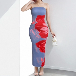 Slim fit floral strapless maxi dress with large red flowers on a blue background
