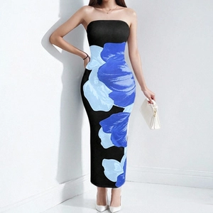 Elegant slim-fit strapless maxi dress with blue floral print on black fabric