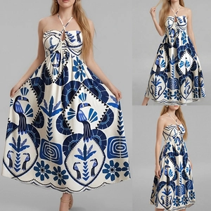 Abito Maxi da Donna Sexy con Scollo all'Americana e Dettaglio Cut-out Stampa Tropicale Toucan Geometrica Vestibilità Aderente Senza Maniche