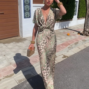 Robe Longue pour Femme Col en V Profond Manches Courtes Élégante Taille Haute Imprimé Animal Nœud Devant Vacances Fête