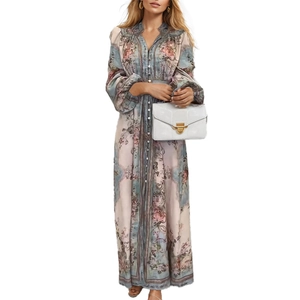Abito lungo vintage con scollo a V, maniche lunghe e stampa floreale in stile boho