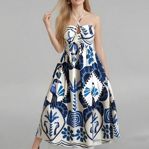 Abito midi senza maniche con scollo all'americana e stampa mediterranea blu