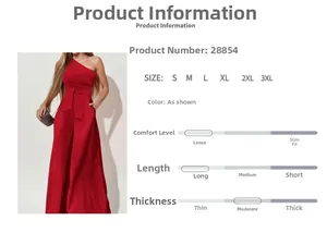 Detail view of red one-shoulder wide-leg jumpsuit with product size chart and parameters