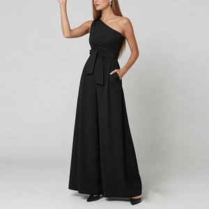 Detail of elegant black one-shoulder jumpsuit featuring a tied waist belt and wide-leg design
