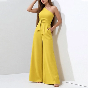 Elegant bright yellow one-shoulder wide-leg jumpsuit with a waist tie for women
