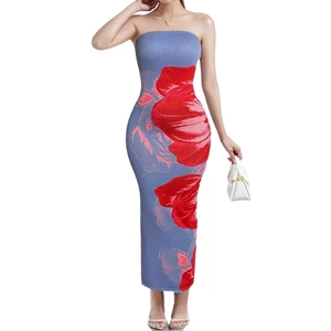 Elegant slim fit floral print tube maxi dress in greyish blue with red flower pattern