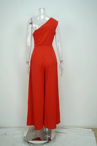 Back view of a red one-shoulder wide-leg jumpsuit with elegant solid color design