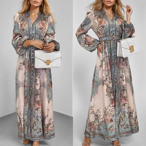Vestito Maxi da Donna con Stampa Floreale Boema Scollo a V Vintage Francese Elegante Manica Lunga Bottoni Primavera Estate Lungo