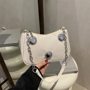Minimalist beige PU leather underarm bag with silver buckles and chain strap