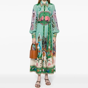 Abito Maxi da Donna Bohemien con Stampa Verde Menta Manica Lunga Revers Bottoni Maniche a Lanterna Cintura Elegante