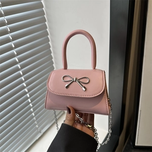 Women PU Leather Bowknot Small Square Bag Elegant Silver Chain Mini Shoulder Bag Bow Decor Crossbody Tote Handbag Daily Purse