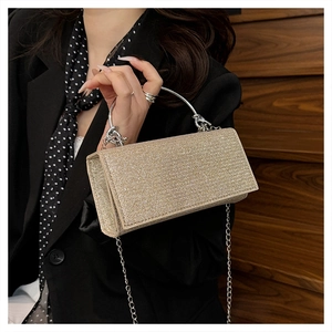 Detail of champagne gold evening clutch with silver ring handle and chain strap