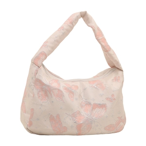 Pink butterfly print hobo shoulder bag with silver glitter and wide strap for women