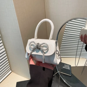 Women Fashion PU Leather Mini Shoulder Bag With Rhinestone Bow Silver Metal Chain Crossbody Handbag For Party Banquet