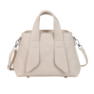 Women's beige striped patchwork tote bag with woven texture and adjustable shoulder strap