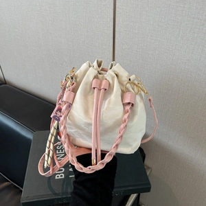Fashion Women PU Leather Bucket Bag Contrast Color Braided Handle Drawstring Crossbody Bag With Charm Daily Shoulder Bag