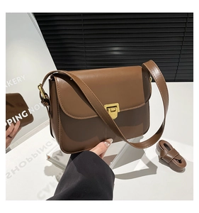 Detail of a brown vintage crossbody bag with gold buckle and adjustable strap