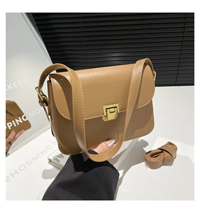 Detail of brown faux leather crossbody bag with gold square buckle and extra strap