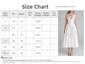 Size chart detail for V-neck halter maxi dress with measurements from S to XXXL