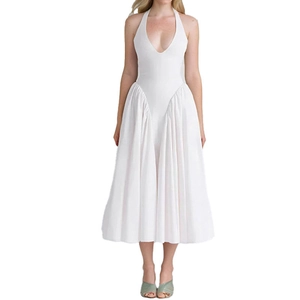 Elegant white halter neck midi dress with a fitted waist and flared pleated skirt