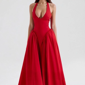 Halter Neck Deep V Sexy High Waist Maxi Dress Elegant Solid Color Backless Pleated A-Line Swing Party Dress For Women