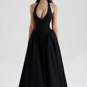 Elegant black halter neck maxi dress with deep V-neck and pleated flowing skirt