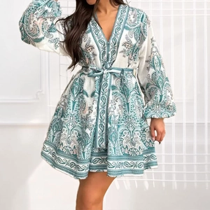 Bohemian Women Paisley Print V Neck Lantern Sleeve Tie Waist A-Line Mini Dress Elegant Retro Long Sleeve Short Dress