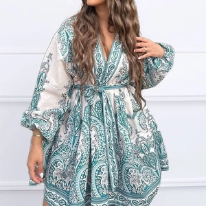 Bohemian paisley print mini dress with V-neck, lantern sleeves and waist tie detail