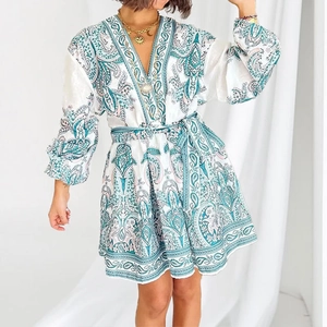 Boho V-neck paisley print dress with lantern sleeves and a belted waist in white and teal