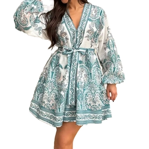 Bohemian paisley print mini dress with V-neck and lantern sleeves in cyan and white
