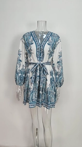 Detailed view of bohemian blue paisley print on white dress with V-neck and button closure