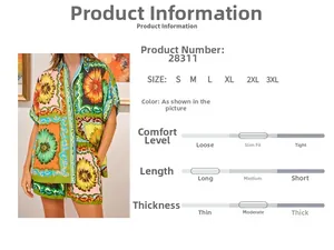 Detail view of floral print shorts set size chart and vintage sunflower pattern fabric
