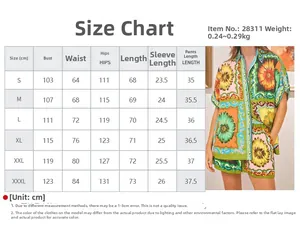 Detailed size chart for women's floral shorts set showing S-3XL dimensions in centimeters