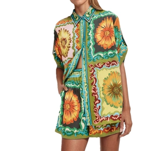 Women's chic two-piece casual set featuring floral print shirt and high-waist shorts