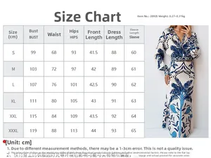 Size chart for women's V-neck printed top and long skirt set including S to XXXL measurements