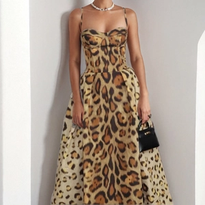 Abito Maxi Cami da Donna Sexy con Stampa Leopardata Stile Corsetto Senza Maniche Vestibilità Slim Linea A Abito Lungo per Festa Estiva