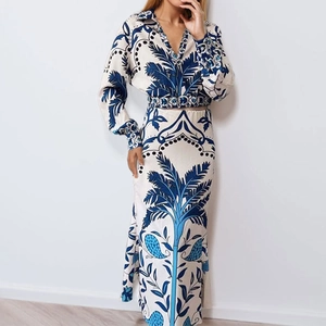 Women's two-piece set with V-neck long-sleeve print shirt and matching long skirt