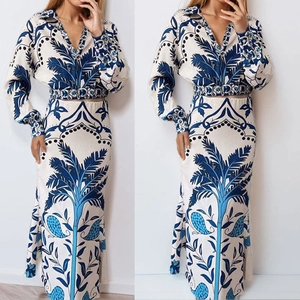 Women Printed V-Neck Long Sleeve Shirt And High Waist A-Line Long Skirt Elegant Bohemian Tropical Holiday Fashion Outfit