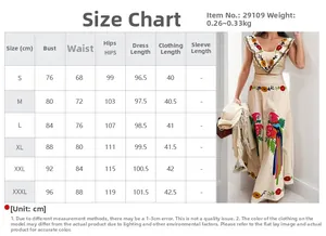 Detailed size chart for floral print top and skirt set with bust and waist measurements